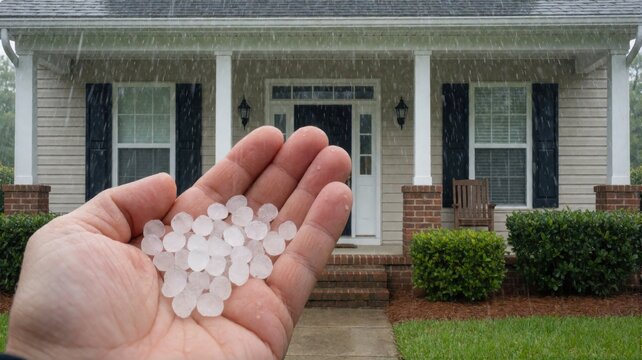A close-up of a human hand holding small hail stones during a storm in front of a residential house.