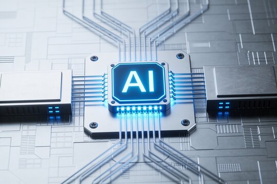 A futuristic central processing unit with an AI label, surrounded by intricate silver circuitry.