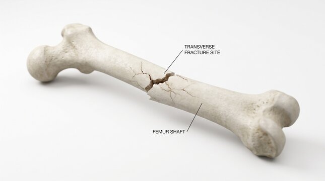 Broken femur bone with visible fracture line.