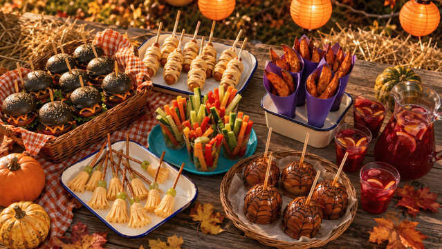 Outdoor Halloween Party Buffet with Mummy Sausages Black Burgers and Caramel Apples
