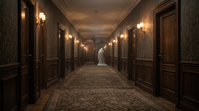 Spooky ghost in a white sheet standing in a eerie hotel hallway with vintage wooden doors and warm wall lamps