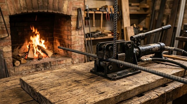 Rustic Workshop Metal Lathe on Weathered Wood Workbench
