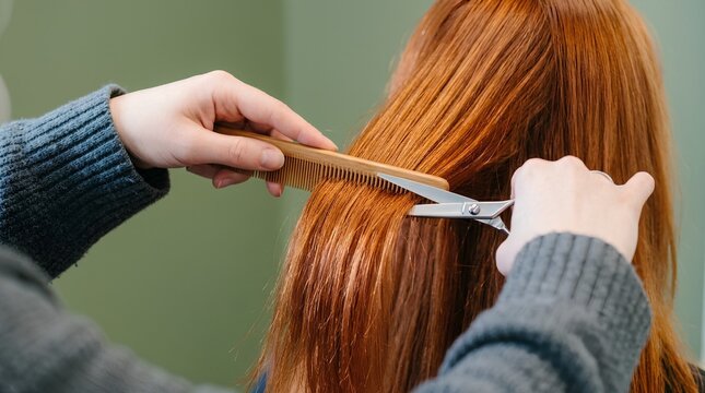 Hairdresser cutting red hair with scissors and comb in beauty salon