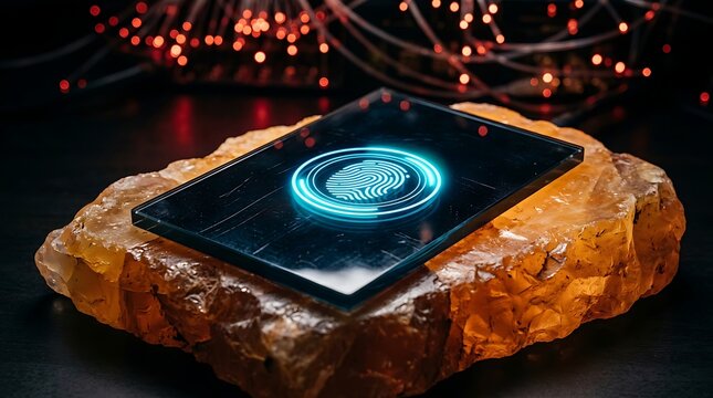 Glowing Fingerprint Pad on Rugged Stone Tablet
