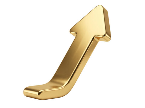 Glossy gold arrow pointing up, shiny metallic golden directional sign, premium gold symbol for growth, business success, progress, upward trend, luxury finance, stock market, financial gains