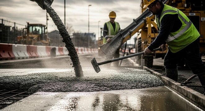 Construction Workers Pouring Fresh Concrete On A New Road Surface