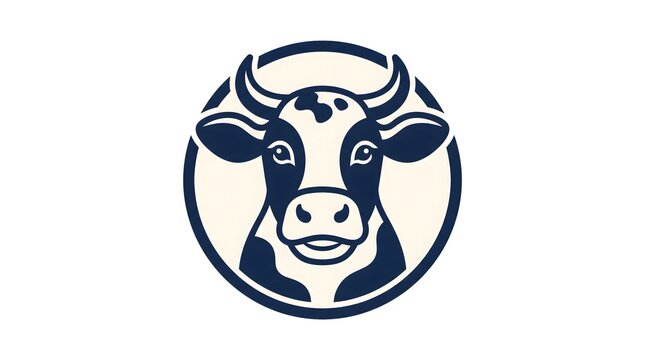 Vector illustration of a cow head portrait with horns inside a circular frame, designed in a clean monoline style with dark blue and cream colors