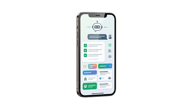 Modern smartphone displaying AI chatbot interface, mobile app UI design on screen, digital assistant and smart technology mockup