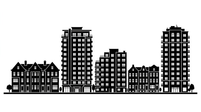 Silhouettes of Urban Condos and Townhouse Buildings on White Background