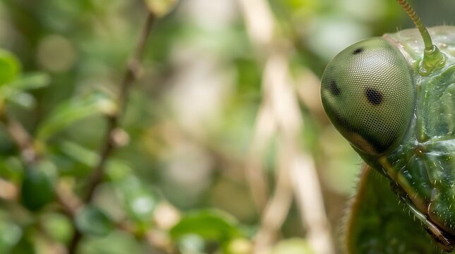 A green mantis hides among lush garden leaves in a natural environment where it patiently waits for unsuspecting prey while blending perfectly with the surrounding foliage during a summer morning