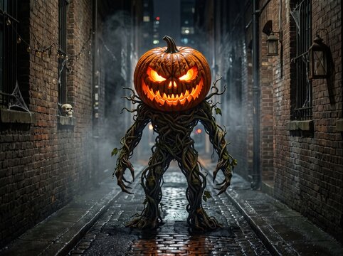 Scary pumpkin monster with glowing carved jack-o-lantern head standing in a spooky dark urban alley at night