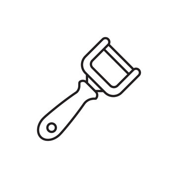 Minimalist line art icon of a handheld strap cutter tool used for stripping leather belts and bands.
