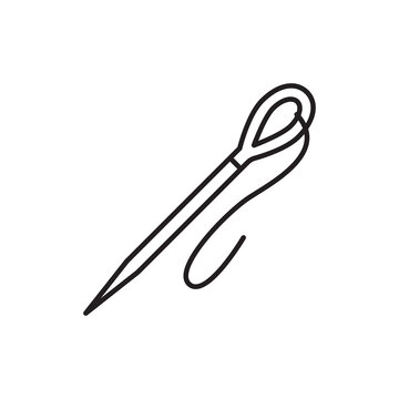 Minimalist line art icon of a curved lacing needle threaded with leather cord.