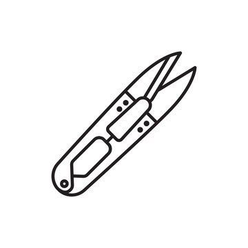 Minimalist line art icon of spring-action thread snips cutter for trimming sewing threads.