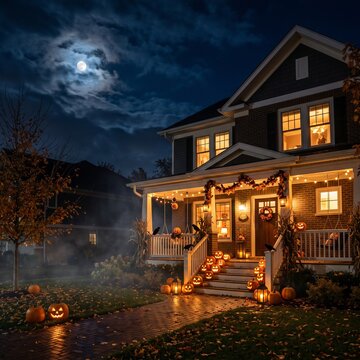 Suburban house decorated for Halloween with glowing jack-o-lantern pumpkins and lights under a full moon at night