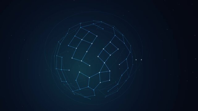 Digital globe wireframe features interconnected nodes forming a spherical network against a dark blue background to symbolize global connectivity and communication.