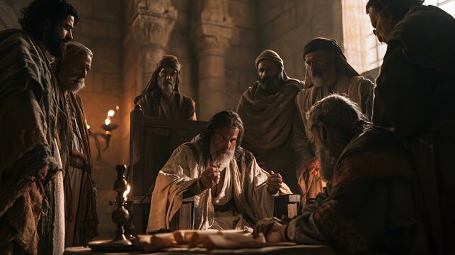 Ancient scholars and scribes gathered in a stone chamber reading and discussing historical scrolls by candlelight
