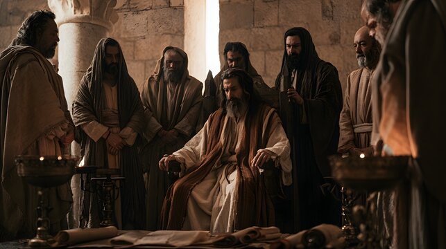 A group of bearded men in ancient robes in a stone hall gathered around a central figure