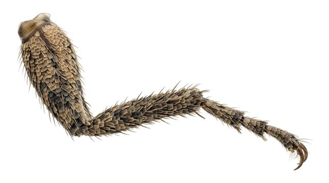 Macro view showing a fuzzy brown insect leg displaying segmented joints covered in tiny stiff hairs and sharp claws at the tip used by a crawling creature to navigate across various rough