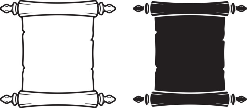 Blank Parchment Scroll Set Outline and Silhouette Icons Isolated on White Background