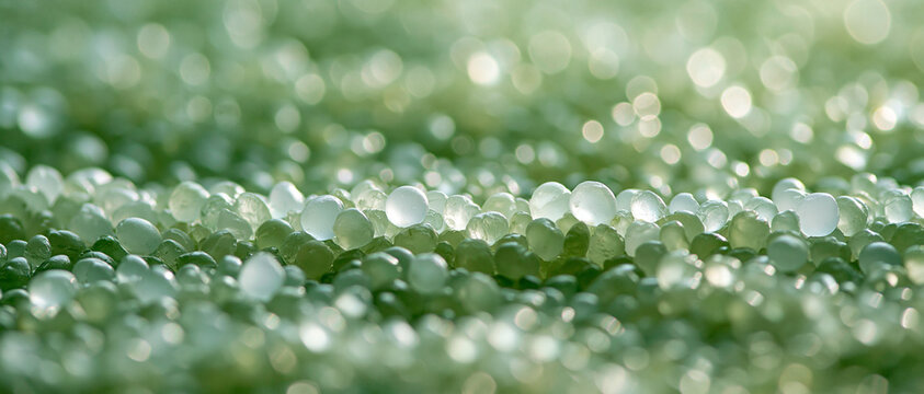 Macro close-up of translucent, spherical, light green and clear beads or granules, creating a textured surface with shimmering bokeh light in the soft focus background, evoking a sense of