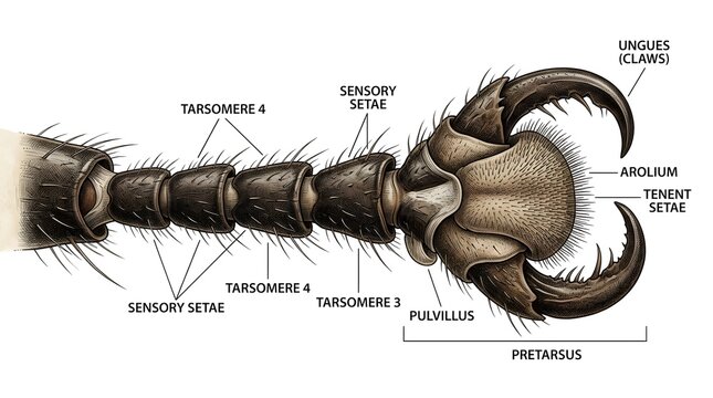 Scientific diagram showing the anatomy of an insect leg including the tarsus segments and claws to illustrate biological structure and taxonomy for educational purposes in entomology research