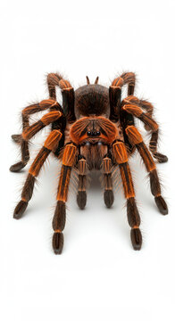 Realistic close-up of a vibrant tarantula spider on white background