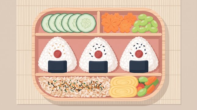 Japanese bento box with assorted onigiri rice balls, vegetables and sesame garnish, colorful flat design illustration for food and lunch concepts.