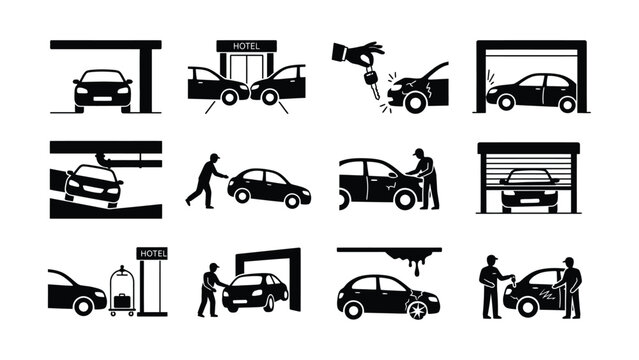 Various car accident and repair service illustration icons with transparent background