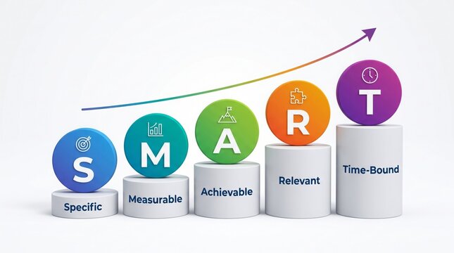 Smart goals framework infographic with vibrant 3d circles placed on white podiums showing a colorful upward growth arrow chart trend