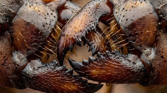Extreme magnification of sharp spider chelicerae showing biological mechanisms of predatory arachnids within their natural habitats displaying dangerous anatomy for capturing small prey in the