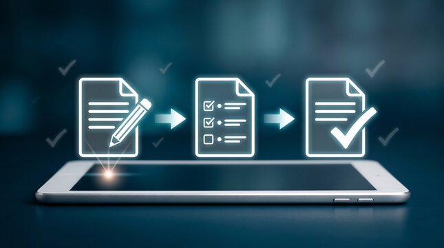 Digital document processing and online survey management workflow on smartphone concept