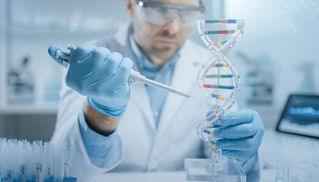 CRISPR Muscular Dystrophy Research: Genetic research scientist editing disease-related DNA in a biomedical laboratory environment 