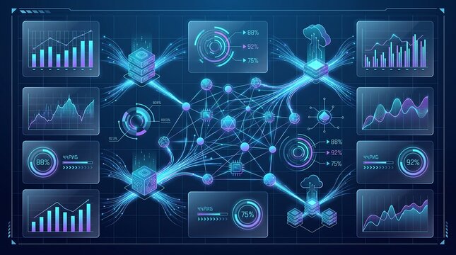 Complex futuristic dashboard infographic showcasing a distributed data network with glowing nodes and interconnecting lines flanked by multiple data analytics and statistical display panels