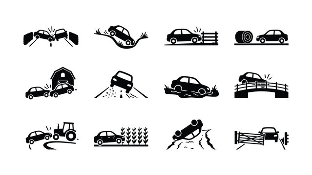 Various car accident scenarios with different obstacles and environments
