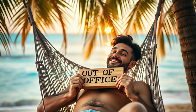 Man relaxing in a hammock on a tropical beach holding an Out of Office sign at sunset.