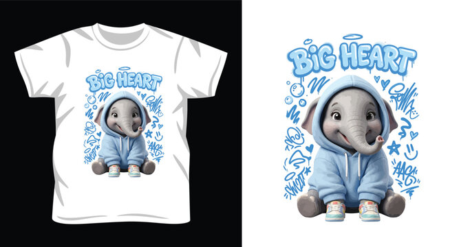 Cute baby elephant in blue hoodie graffiti design on white t-shirt mockup with playful scribbles elements.