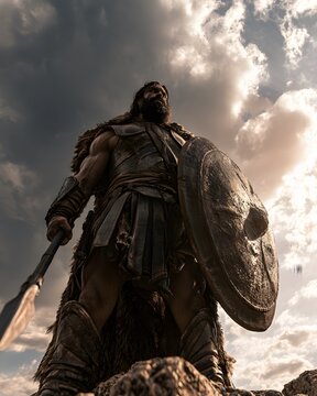 Low angle portrait of a powerful ancient warrior with a beard standing on a mountain holding a spear and shield