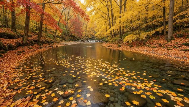 Golden autumn leaves floating gently on clear mountain stream water with smooth ripples.