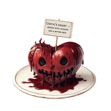 Dripping red Halloween heart-shaped dessert with skull face and critic sign, darkly comic food review satire illustration on a transparent background