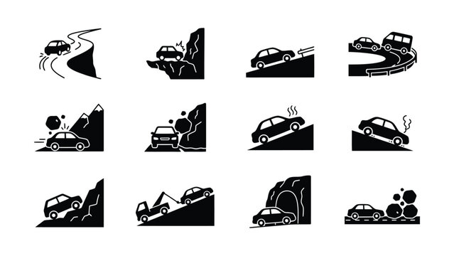 Collection of car accident icons on transparent background showing various crash scenarios