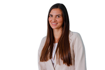 Fototapeta premium Confident business woman smiling, long hair, wearing a blazer, transparent background for easy use