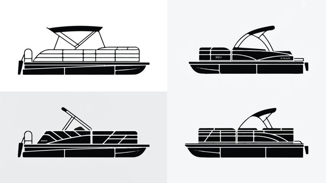 A black and white illustration of a set of four modern pontoon boat side profile icons designed for marine navigation and leisure watercraft graphic collections