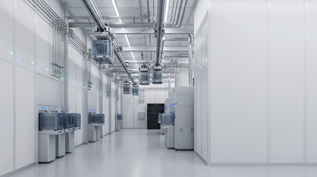 Automated semiconductor cleanroom OHT transport facility 3D digital illustration with copy space