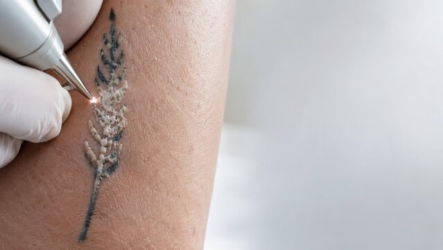 Close up of laser tattoo removal procedure on human arm skin with medical gloved hand and device