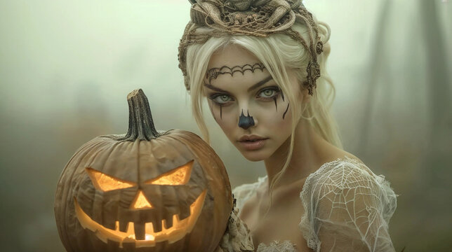 Mystery witch with a creepy Halloween pumpkin. Witchcraft, dark magic and masquerade concept. For Day of the Dead, Dia de los Muertos. Horror portrait for poster, card