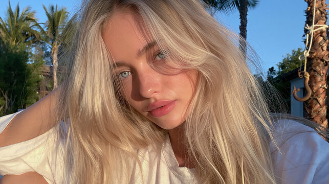 Blonde Frau im Selfie-Stil mit Palmen im Hintergrund, sommerliches Lifestylefoto f&uuml;r Reise- und Beautywerbung.