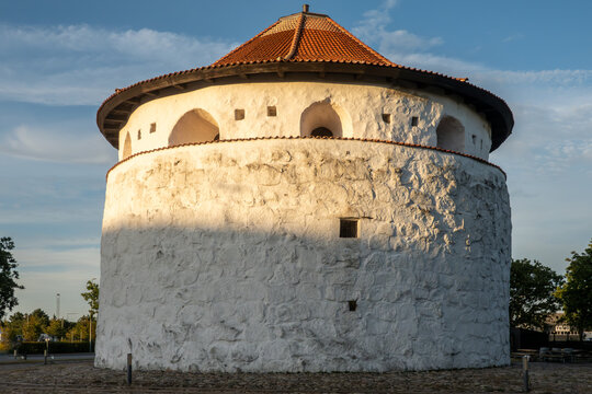 Frederikshavn, Denmark The Krudttarnet tower, or Gunpowder Tower in the harbour area at sunset, a historic fortification built in 1686.