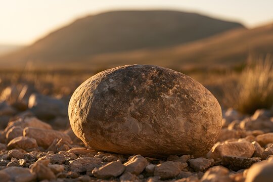 Large rounded stone sitting on a gravelly riverbank with soft mountain silhouettes at golden hour