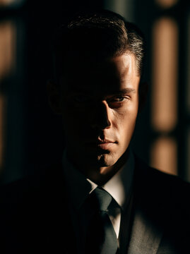 Mann im dramatischen Halbschatten mit scharfem Lichtkontrast, Anzug und Krawatte, ideal f&uuml;r Business- und Editorial-Portraits.